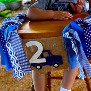 “Little Blue Truck” 2nd, second, Birthday high chair banner, Blue streamers, boy